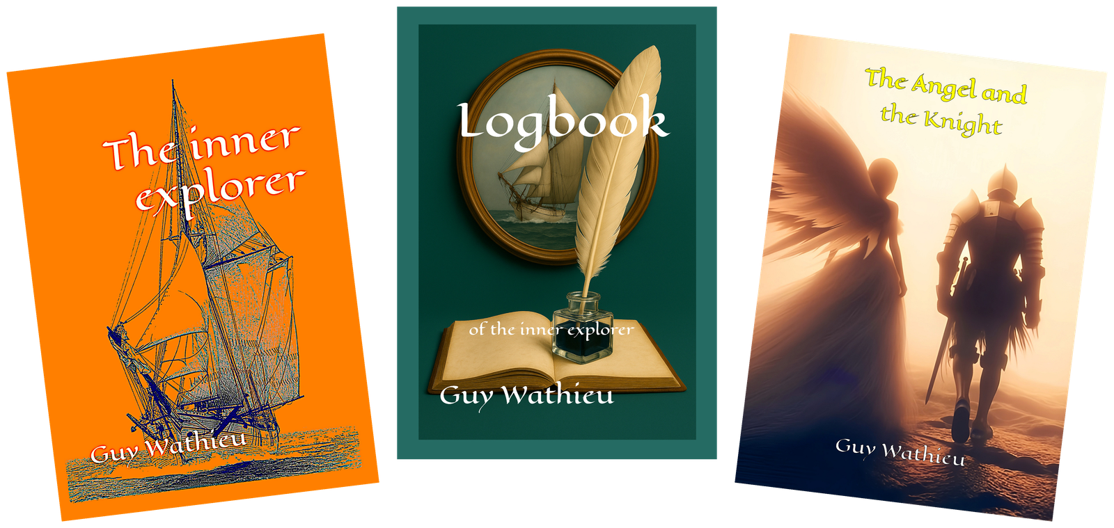 Guy Wathieu’s three books arranged in a fan: The Inner Explorer, Logbook and The Angel and the Knight.